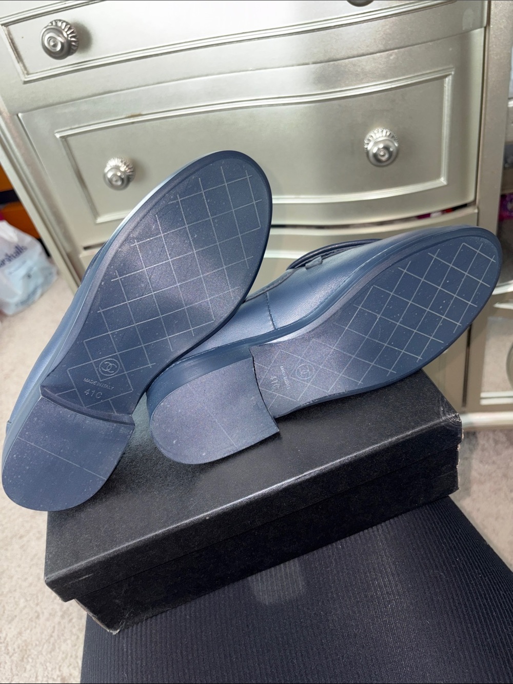CC Navy Quilted Leather Loafers with Gold CC - Picture 2 of 2